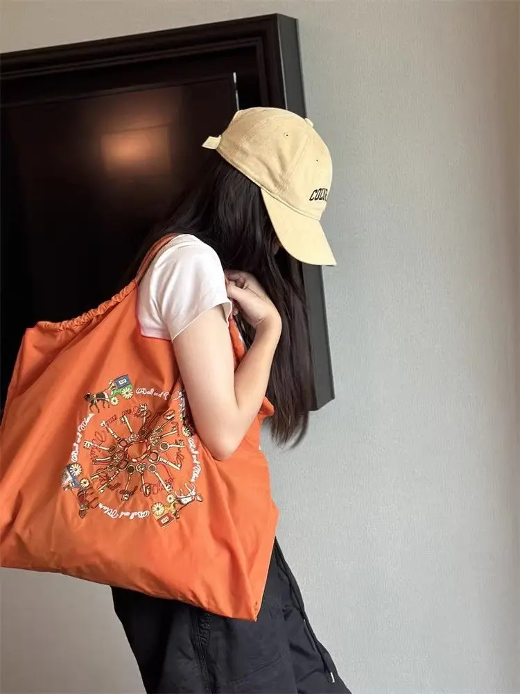Japanese Embroidery Black Nylon Handbag Orange — feature 7