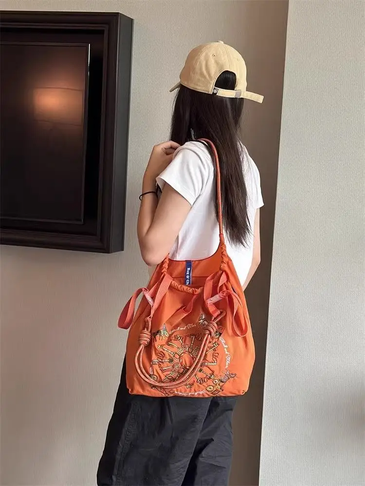 Japanese Embroidery Black Nylon Handbag Orange — feature 8