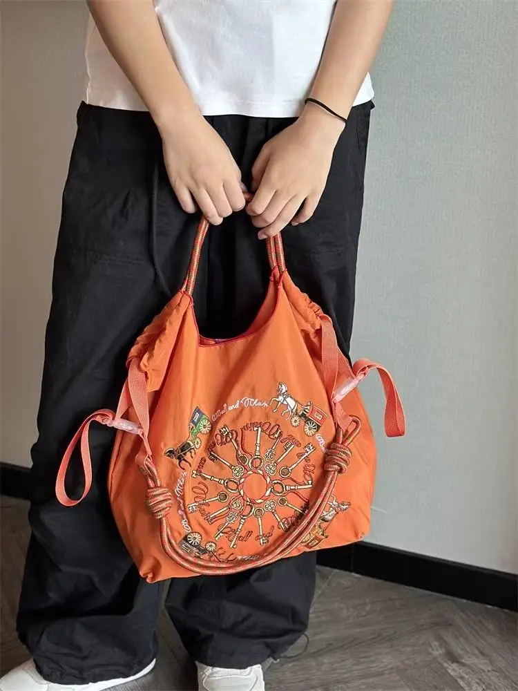 Japanese Embroidery Black Nylon Handbag Orange — feature 9