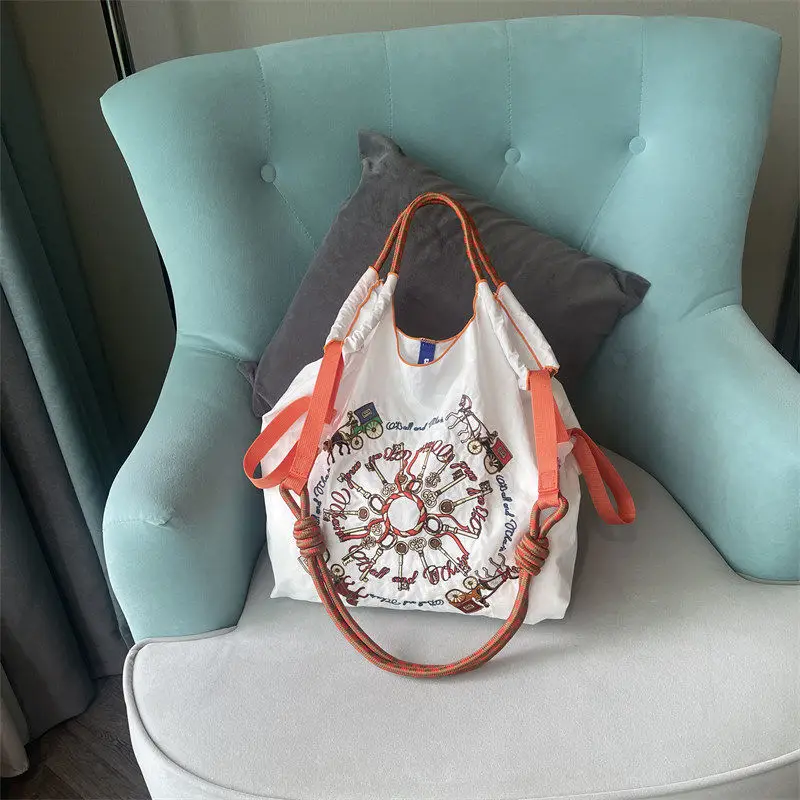 Japanese Embroidery Black Nylon Handbag Orange - Image 2