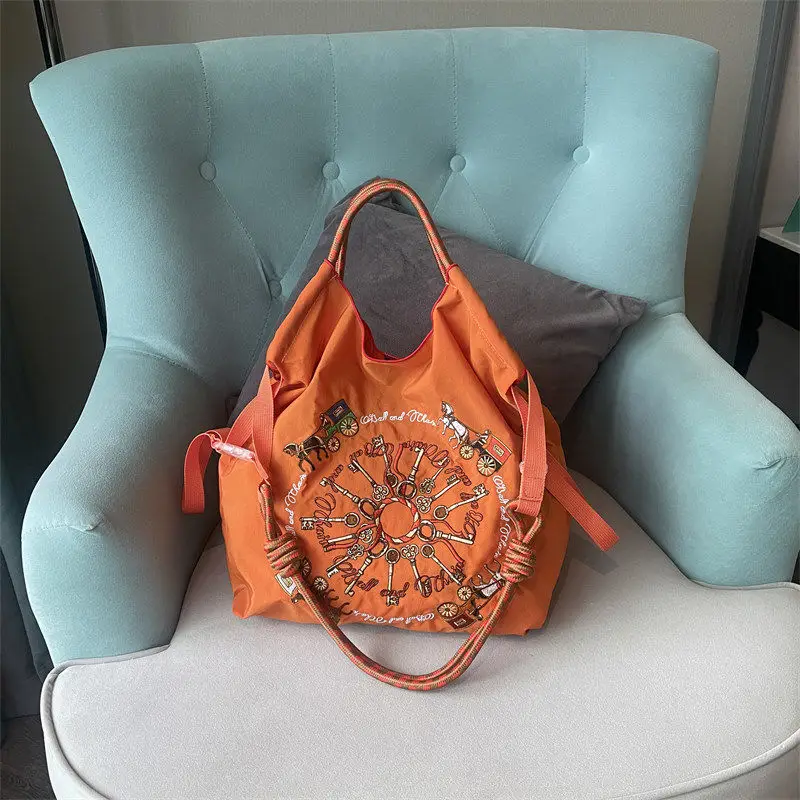 Japanese Embroidery Black Nylon Handbag Orange - Image 3