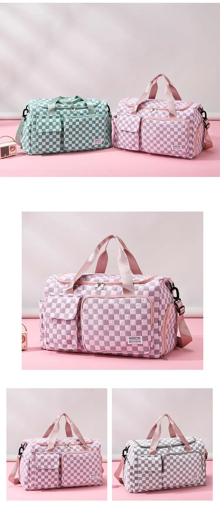 Women's Checkered Sports Bag Large Capacity Dry Wet Separation — feature 14