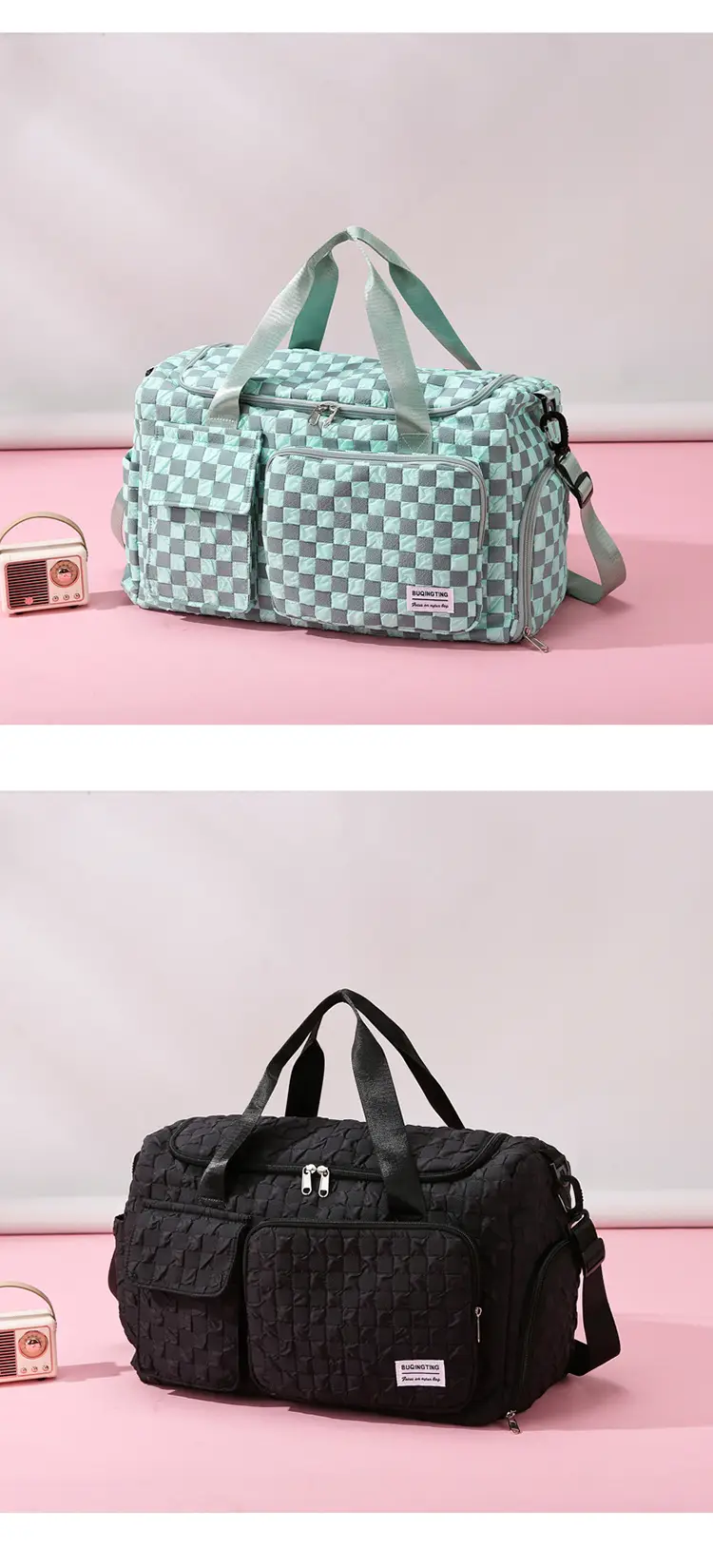 Women's Checkered Sports Bag Large Capacity Dry Wet Separation — feature 15