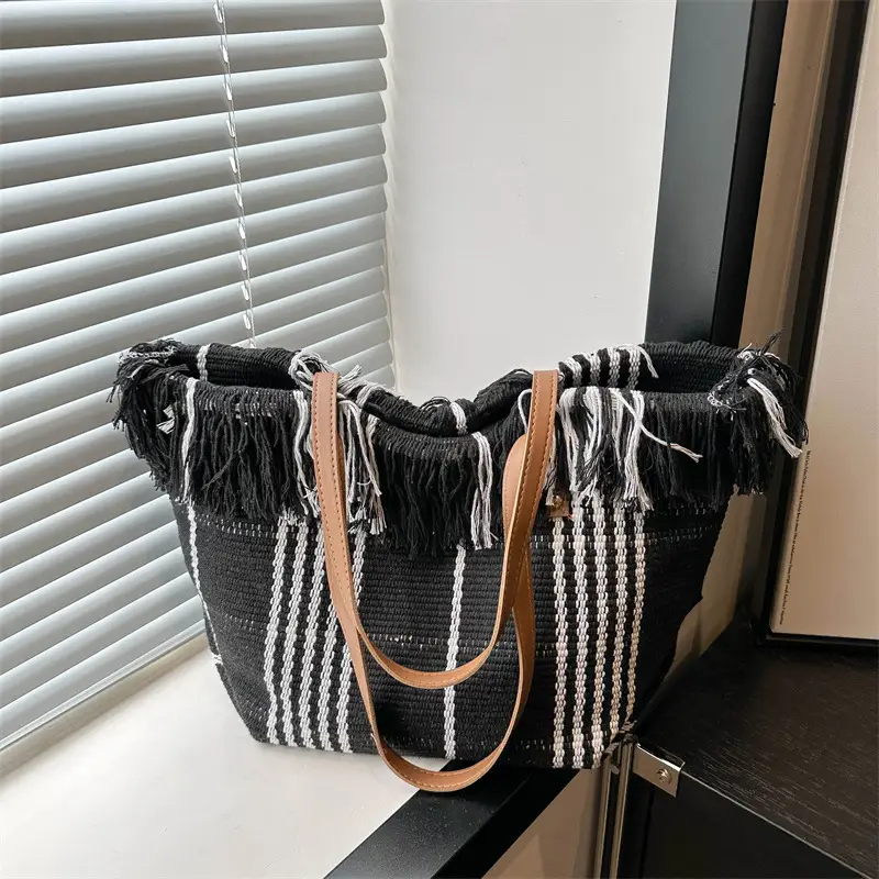 Women's Black White Plaid Canvas Tote Bag with Tassel Handles - Image 6