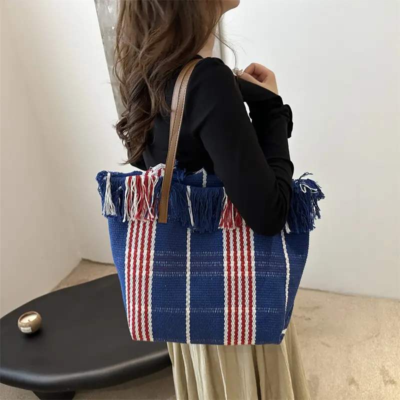 Women's Black White Plaid Canvas Tote Bag with Tassel Handles - Image 7