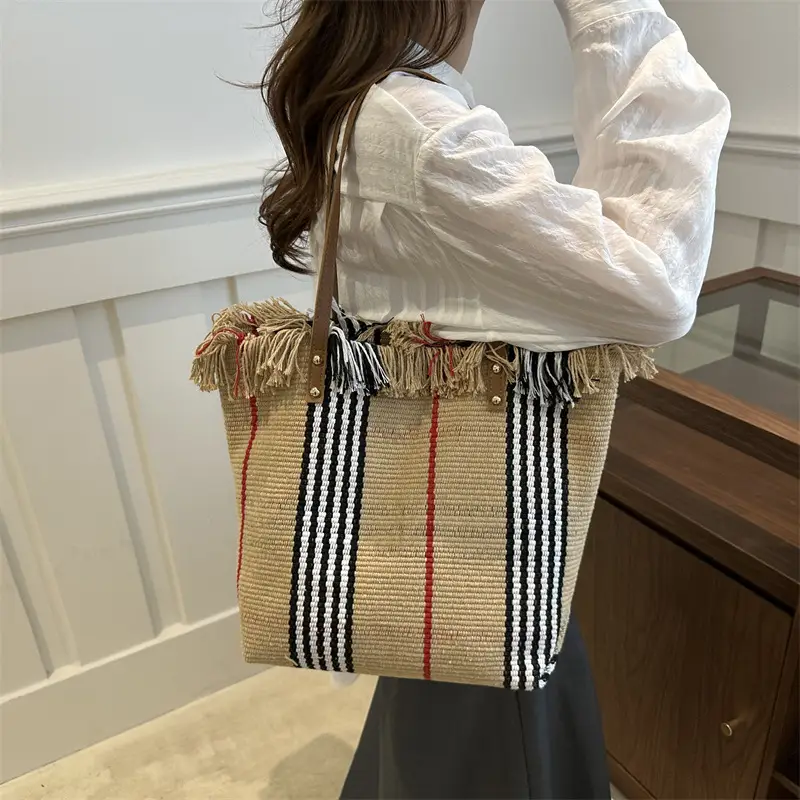 Women's Black White Plaid Canvas Tote Bag with Tassel Handles - Image 8