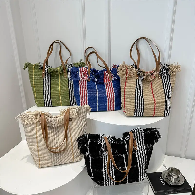 Women's Black White Plaid Canvas Tote Bag with Tassel Handles - Image 9