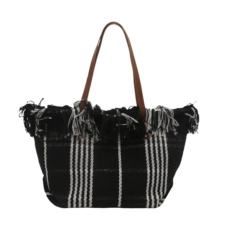 Women's Black White Plaid Canvas Tote Bag with Tassel Handles - Image 10