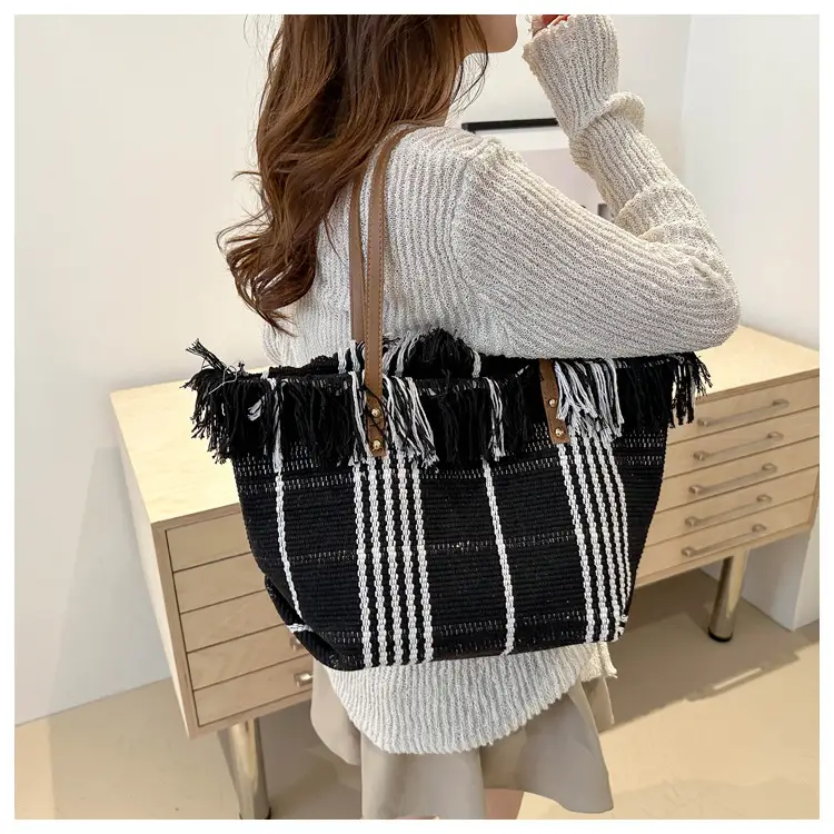 Women's Black White Plaid Canvas Tote Bag with Tassel Handles — feature 11