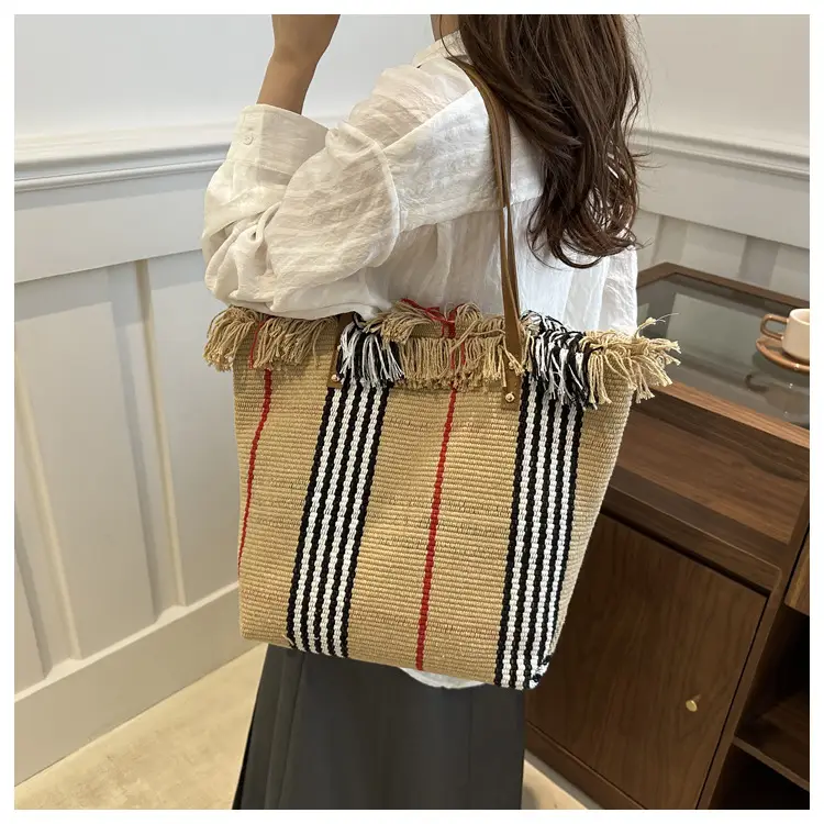 Women's Black White Plaid Canvas Tote Bag with Tassel Handles — feature 12