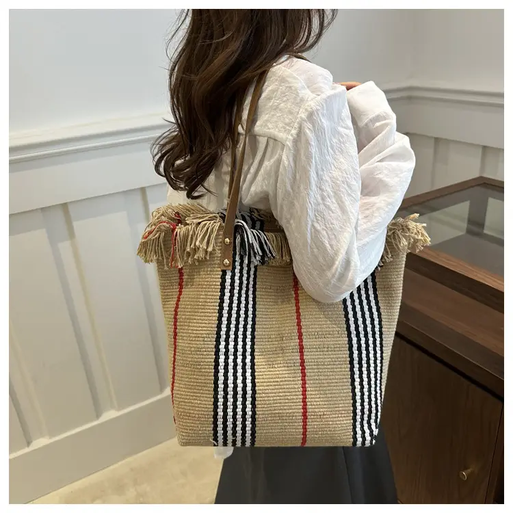 Women's Black White Plaid Canvas Tote Bag with Tassel Handles — feature 13
