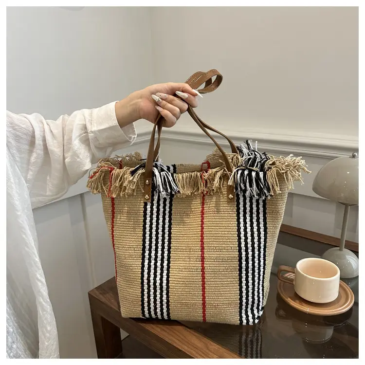 Women's Black White Plaid Canvas Tote Bag with Tassel Handles — feature 14