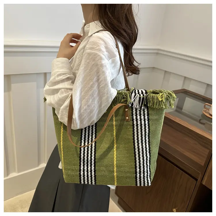 Women's Black White Plaid Canvas Tote Bag with Tassel Handles — feature 15