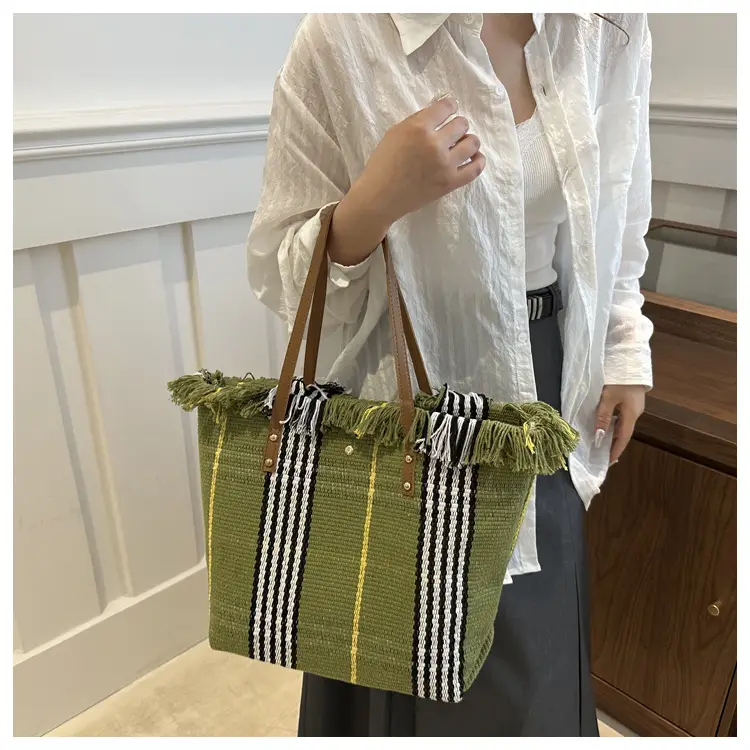 Women's Black White Plaid Canvas Tote Bag with Tassel Handles — feature 16