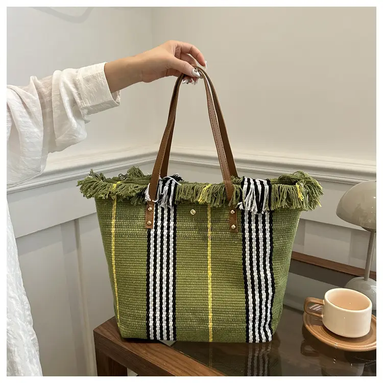 Women's Black White Plaid Canvas Tote Bag with Tassel Handles — feature 17