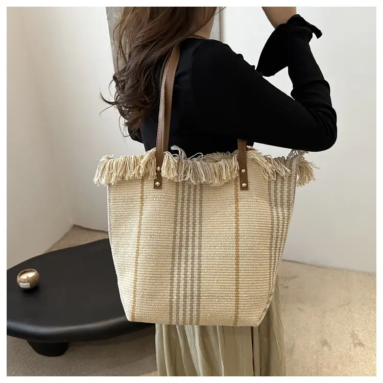 Women's Black White Plaid Canvas Tote Bag with Tassel Handles — feature 19