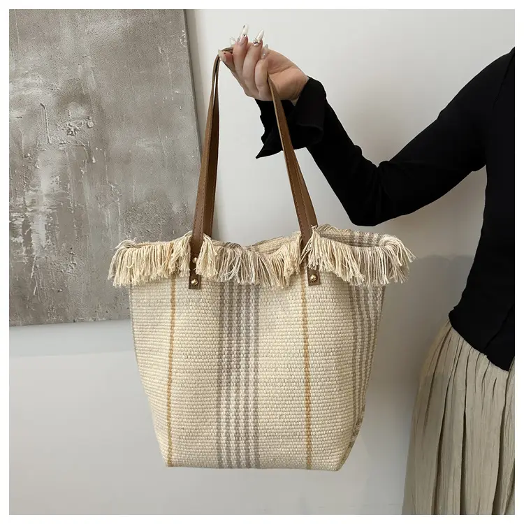 Women's Black White Plaid Canvas Tote Bag with Tassel Handles — feature 20