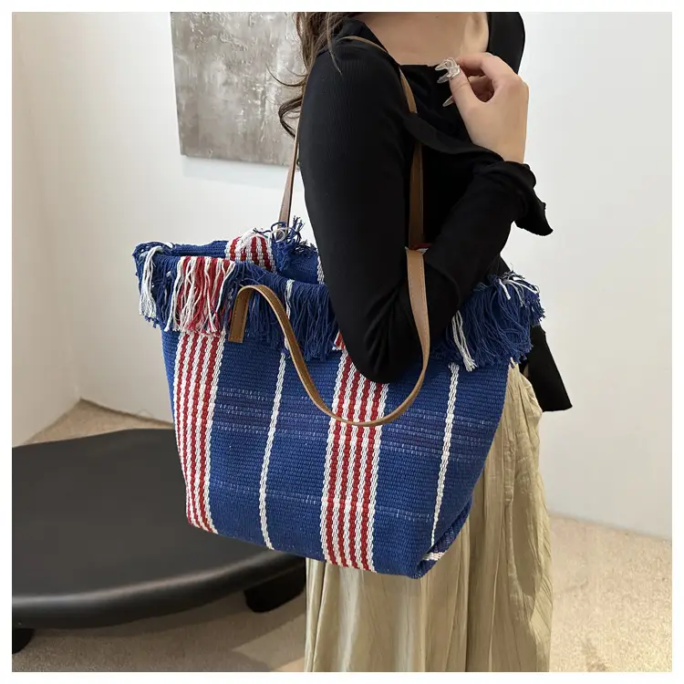 Women's Black White Plaid Canvas Tote Bag with Tassel Handles — feature 21
