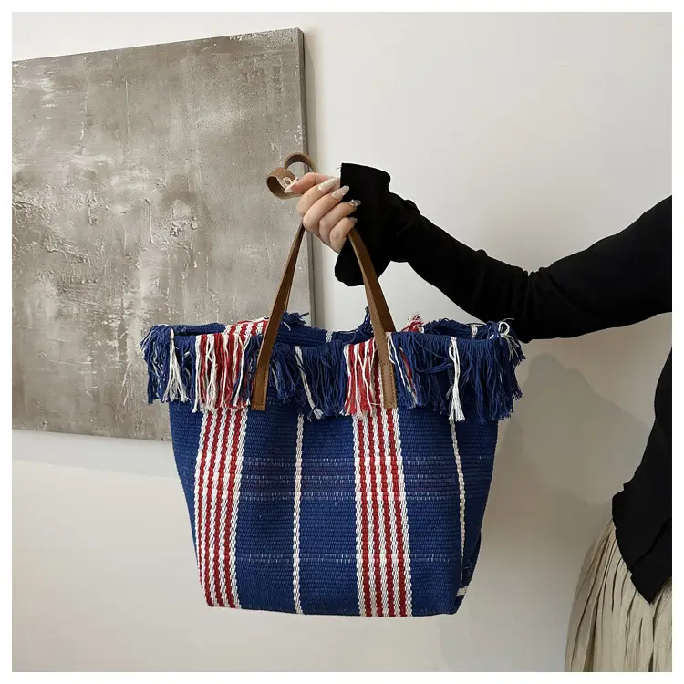Women's Black White Plaid Canvas Tote Bag with Tassel Handles — feature 23