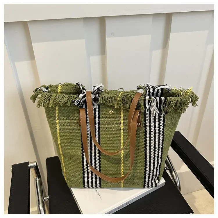 Women's Black White Plaid Canvas Tote Bag with Tassel Handles — feature 27