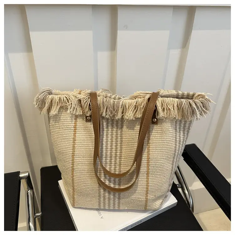 Women's Black White Plaid Canvas Tote Bag with Tassel Handles — feature 28