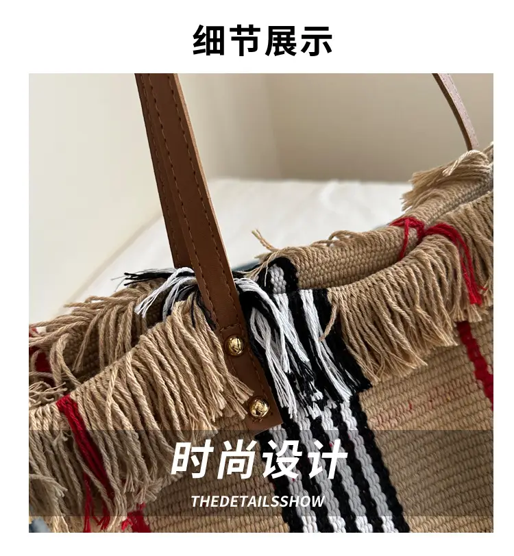 Women's Black White Plaid Canvas Tote Bag with Tassel Handles — feature 3