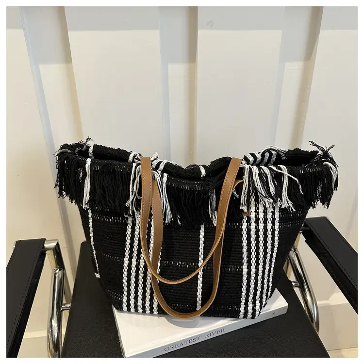 Women's Black White Plaid Canvas Tote Bag with Tassel Handles — feature 30