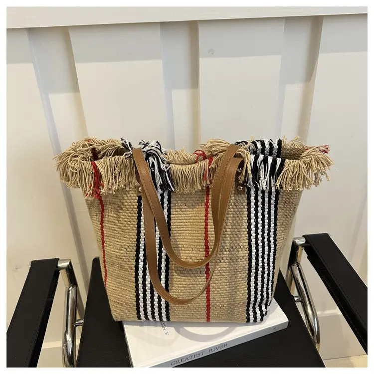 Women's Black White Plaid Canvas Tote Bag with Tassel Handles — feature 31