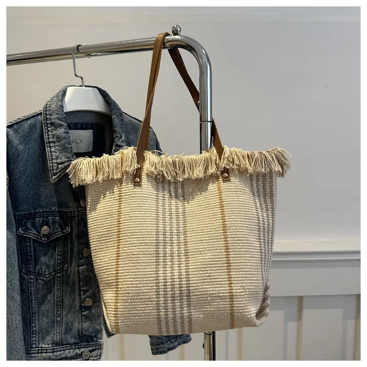 Women's Black White Plaid Canvas Tote Bag with Tassel Handles — feature 32