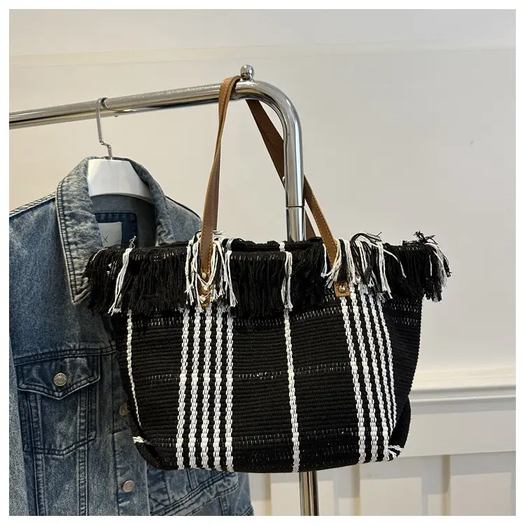 Women's Black White Plaid Canvas Tote Bag with Tassel Handles — feature 33