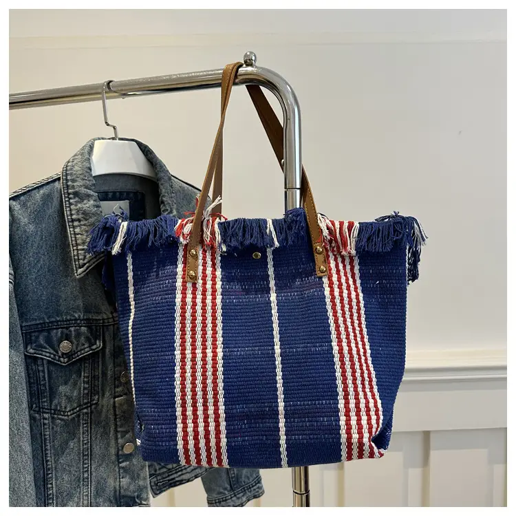 Women's Black White Plaid Canvas Tote Bag with Tassel Handles — feature 34