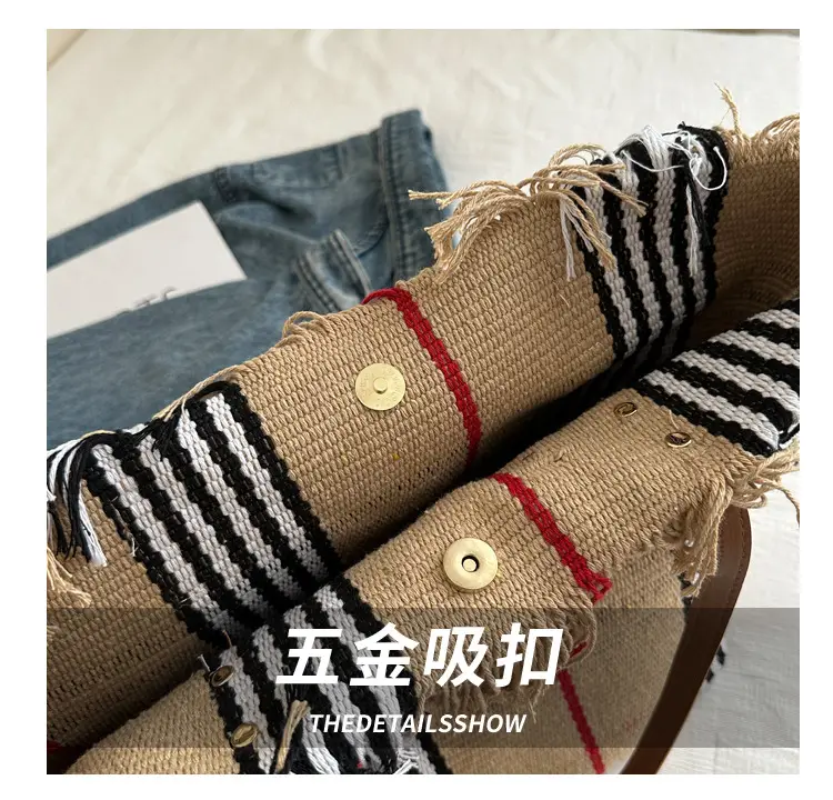 Women's Black White Plaid Canvas Tote Bag with Tassel Handles — feature 5