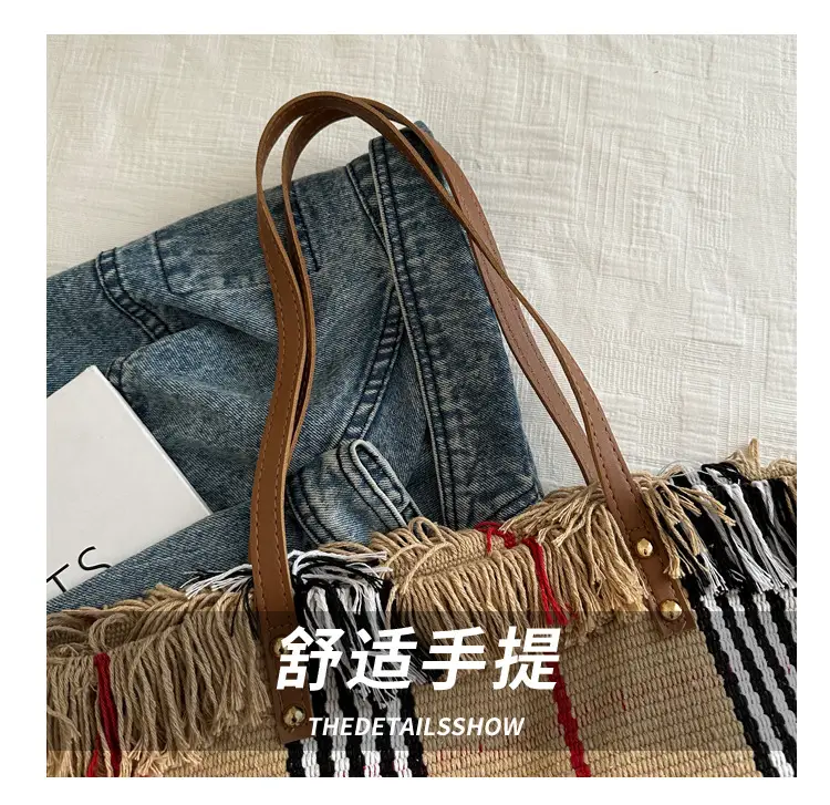 Women's Black White Plaid Canvas Tote Bag with Tassel Handles — feature 6