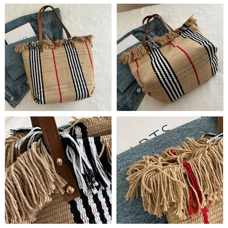 Women's Black White Plaid Canvas Tote Bag with Tassel Handles — feature 8