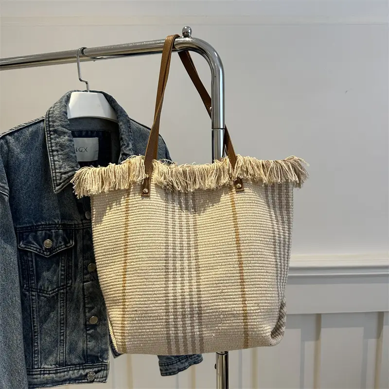 Women's Black White Plaid Canvas Tote Bag with Tassel Handles - Image 2