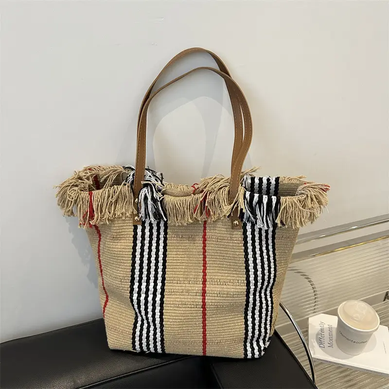 Women's Black White Plaid Canvas Tote Bag with Tassel Handles - Image 3