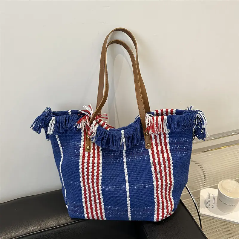 Women's Black White Plaid Canvas Tote Bag with Tassel Handles - Image 4