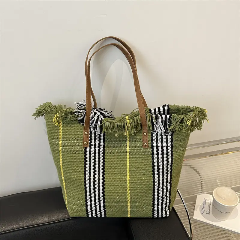 Women's Black White Plaid Canvas Tote Bag with Tassel Handles - Image 5
