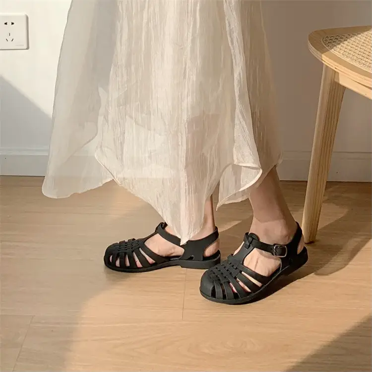 Strictly Selected New Roman Sandals Soft Jelly Shallow Flat Heeled Baotou Elegant Comfortable Women's Single Shoes Non-slip Plastic Shoes — feature 17