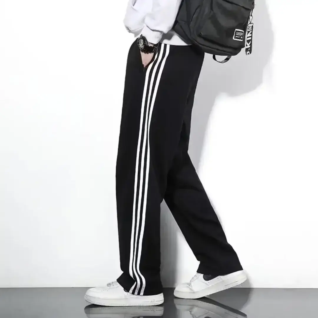 Men's Black Track Pants with White Stripes Loose Fit - Image 10