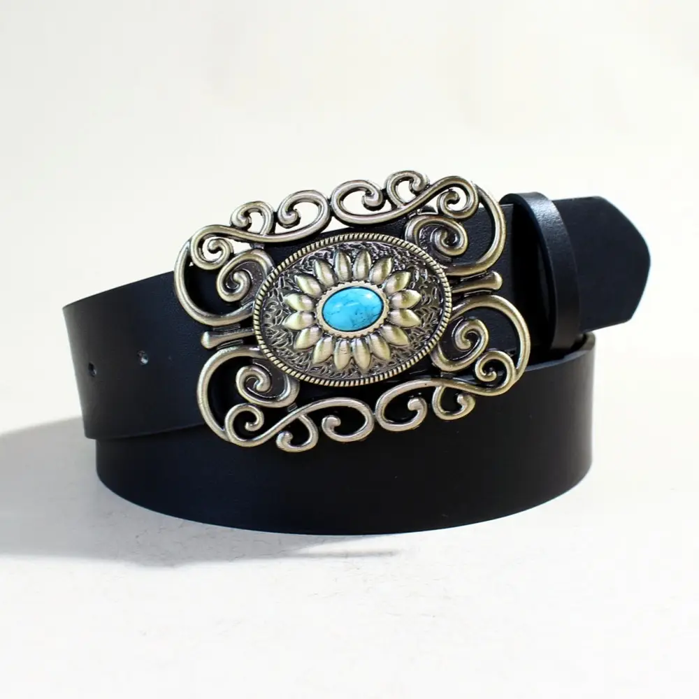 Women's Black Sapphire Belt with Oval Buckle Design - Image 3