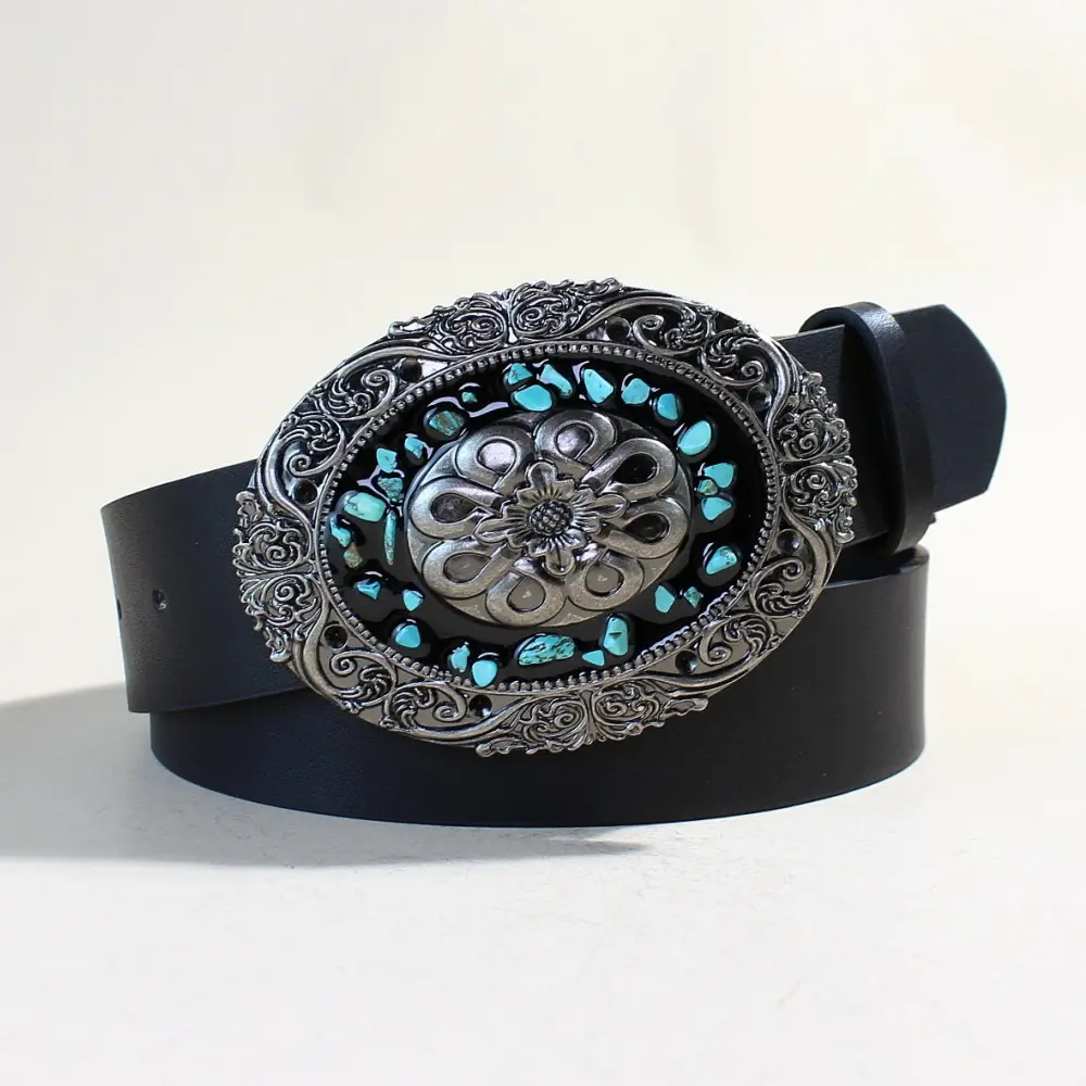 Women's Black Sapphire Belt with Oval Buckle Design - Image 9