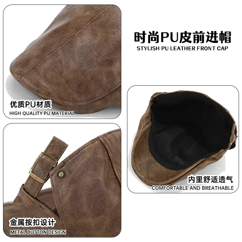 Men's Black Leather Peaked Hat Autumn Winter - Image 15