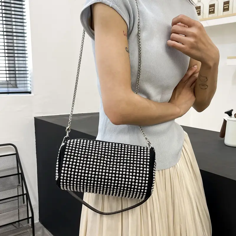 Full Diamond Shoulder Bag Women's Black White Rhinestone Crossbody - Image 4