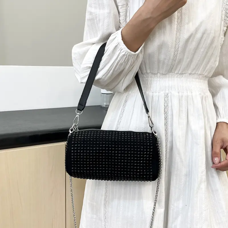 Full Diamond Shoulder Bag Women's Black White Rhinestone Crossbody - Image 5