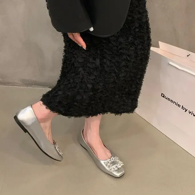 Flat silver High-end Square Head Rhinestone Shoes Women's 2025 New Spring Black Commuter Square Buckle Bean Shoes - Image 7
