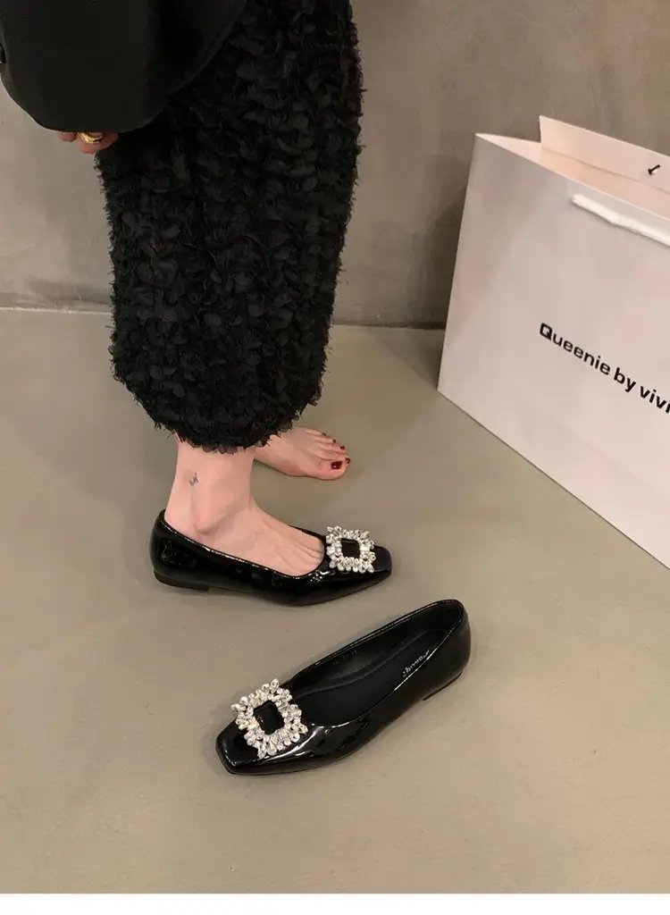 Flat silver High-end Square Head Rhinestone Shoes Women's 2025 New Spring Black Commuter Square Buckle Bean Shoes — feature 12