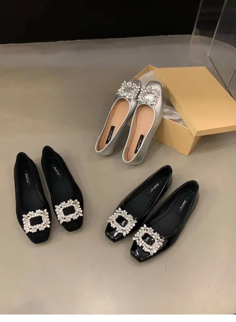 Flat silver High-end Square Head Rhinestone Shoes Women's 2025 New Spring Black Commuter Square Buckle Bean Shoes — feature 13