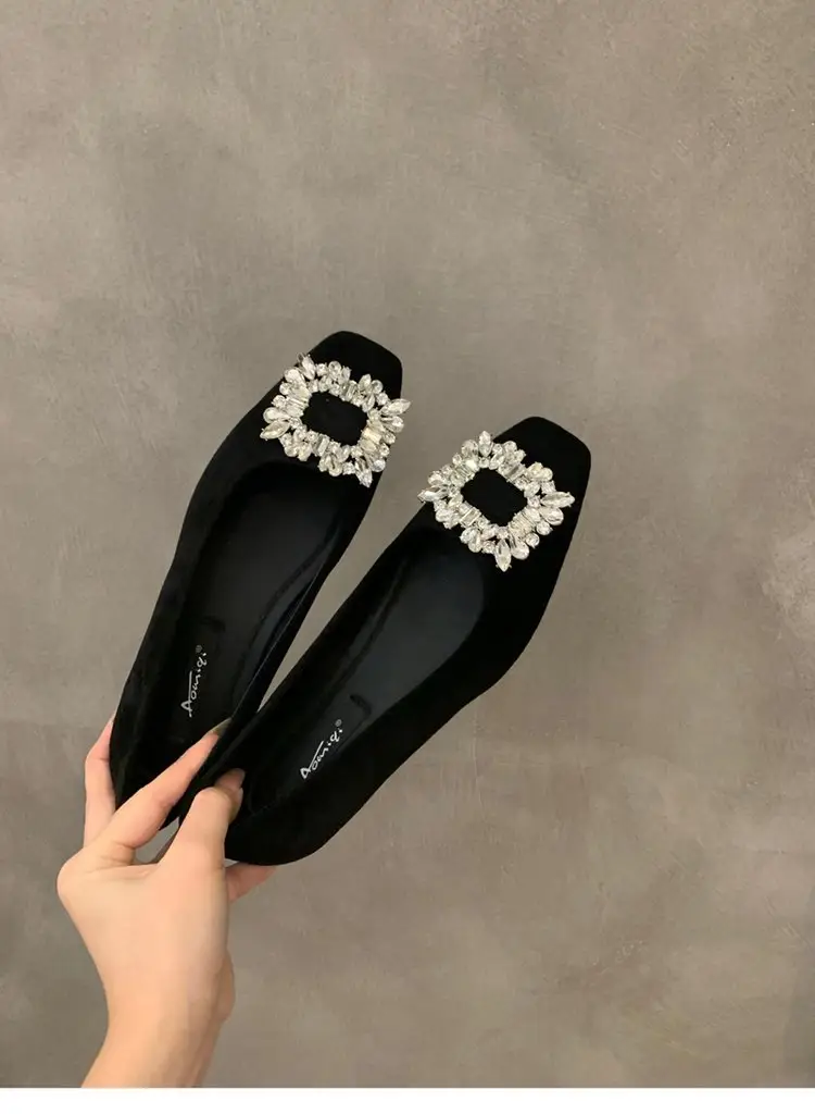 Flat silver High-end Square Head Rhinestone Shoes Women's 2025 New Spring Black Commuter Square Buckle Bean Shoes — feature 15