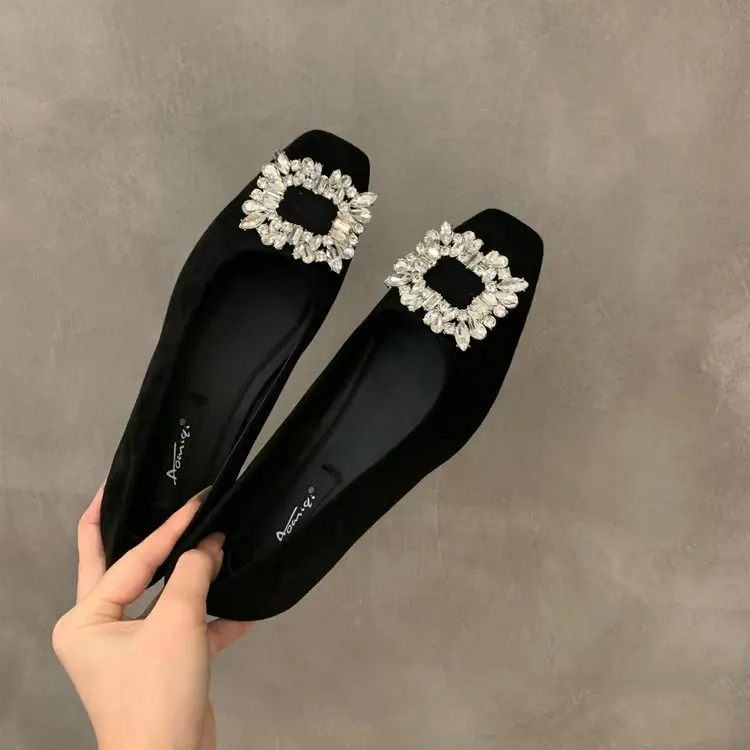 Flat silver High-end Square Head Rhinestone Shoes Women's 2025 New Spring Black Commuter Square Buckle Bean Shoes - Image 2